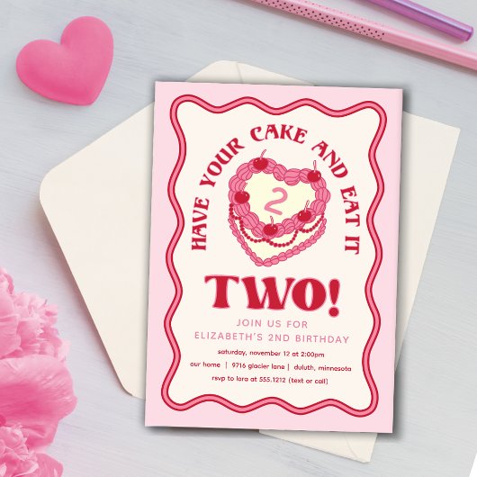 Girly Pink おいしいケーキは2度ある 二歳の誕生日 招待状