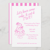 Girly Pink 2nd Birthday Invitation - Cake Theme  招待状 (正面/裏面)