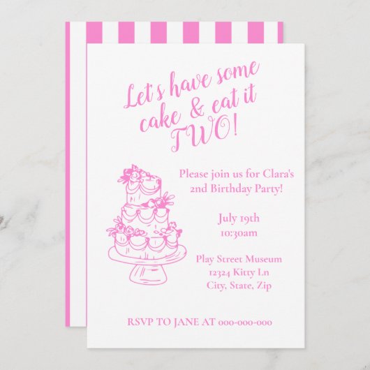 Girly Pink 2nd Birthday Invitation - Cake Theme  招待状 (正面/裏面)
