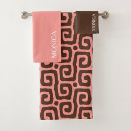 girly Pink  and brown Abstract Script Name Towel バスタオルセット