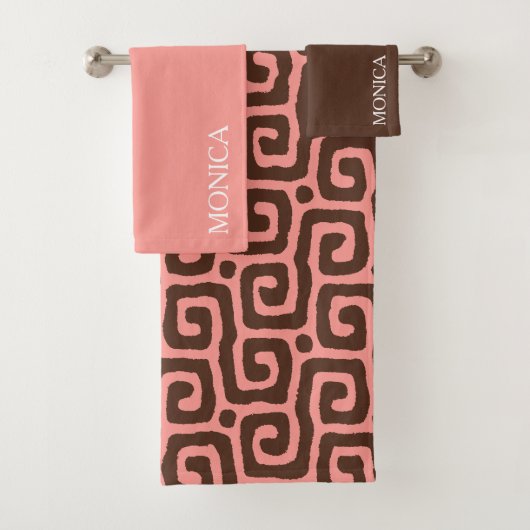 girly Pink  and brown Abstract Script Name Towel バスタオルセット (インサイチュ)