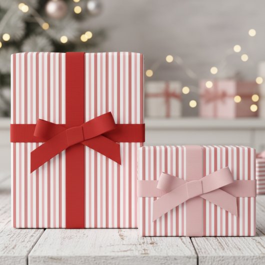 Girly Pink and Red Candy Cane Pinstripe Pattern ラッピングペーパー