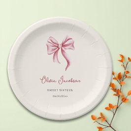 Girly Pink Bow Girl Sweet Sixteen Birthday ペーパープレート