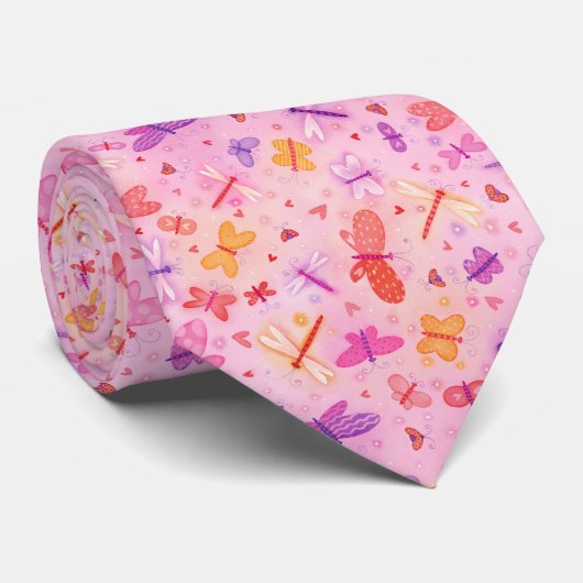 Girly Pink Butterflies Hearts ネクタイ (ロール)