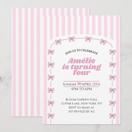 Girly Pink Coquette Bow Fourth Birthday Party 招待状 (正面/裏面)