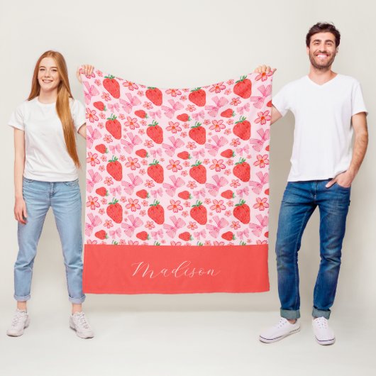 Girly Pink Coquette Bow Strawberry Custom Name フリースブランケット (インサイチュ)