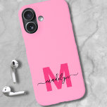 Girly Pink Elegant Minimal Name Monogram iPhone 16ケース<br><div class="desc">Personalized Hot Pink and Magenta Initial Monogram Phone Case. Add a pop of bright, happy color to your phone with this chic and personalized phone case. Featuring a vibrant pink background and a bold magenta hot pink initial, paired with a sleek black script name, this design combines fun with femininity...</div>