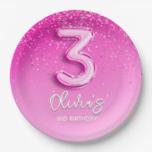 Girly Pink Glitter Balloon 3rd Birthday ペーパープレート (正面)