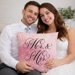 Girly Pink Glitter Ombre Mr and Mrs Throw Pillow クッション