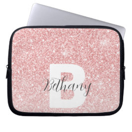 Girly Pink Glitter Sparkles Monogram Script Name ラップトップスリーブ