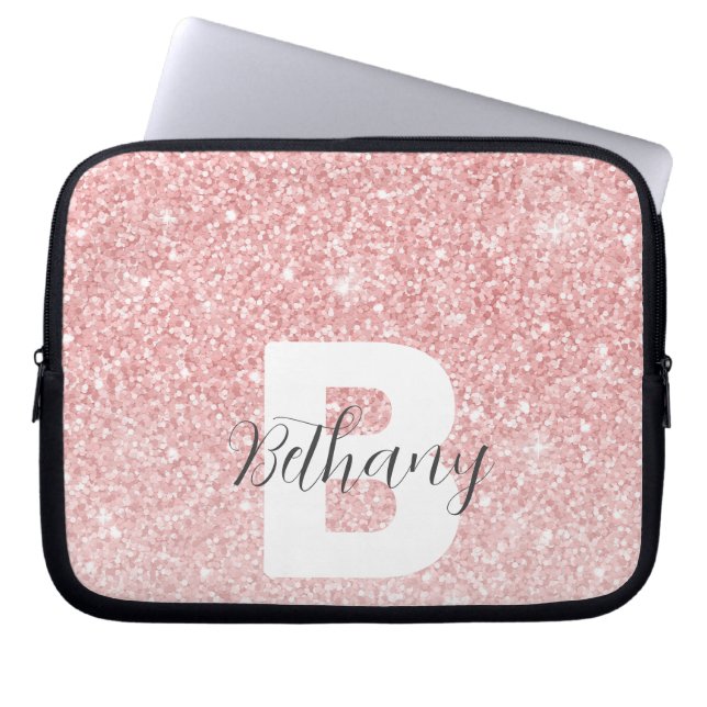 Girly Pink Glitter Sparkles Monogram Script Name ラップトップスリーブ (正面)