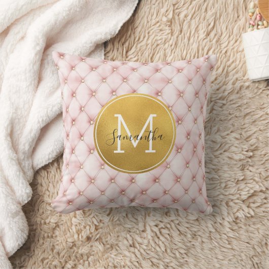 Girly Pink Gold Watercolor Confetti Monogram クッション (ブランケット)