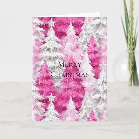 Girly Pink Silver Glam Christmas Trees  カード (正面)