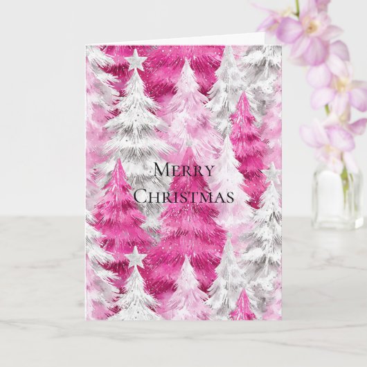 Girly Pink Silver Glam Christmas Trees  カード (蘭)