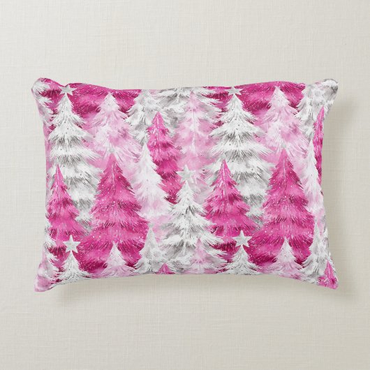 Girly Pink Silver Glam Christmas Trees Stripes アクセントクッション (正面)