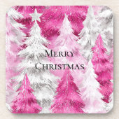 Girly Pink Silver Glam Christmas Trees Stripes コースター (正面)