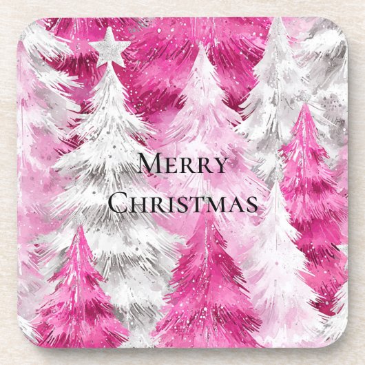 Girly Pink Silver Glam Christmas Trees Stripes コースター (正面)