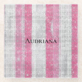 Girly Pink Silver Stripes Sparkle Christmas ガラスコースター (正面)