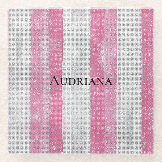 Girly Pink Silver Stripes Sparkle Christmas ガラスコースター (正面)
