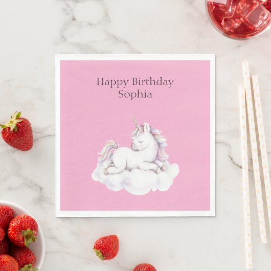 Girly Pink Unicorn on Cloud Birthday スタンダードランチョンナプキン (インサイチュ)