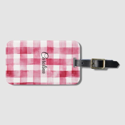 Girly Pink White Plaid Stripes ラゲッジタグ (正面横)