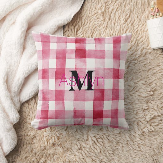 Girly Pink White Plaid Stripes Monogram  クッション (ブランケット)