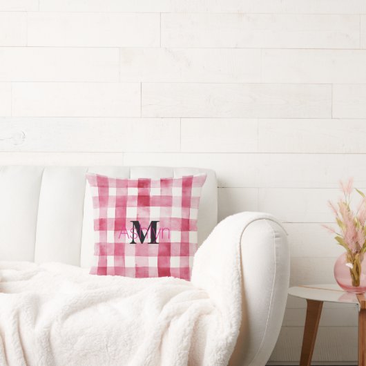Girly Pink White Plaid Stripes Monogram  クッション (ソファ)