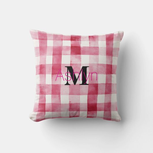 Girly Pink White Plaid Stripes Monogram  クッション (正面)