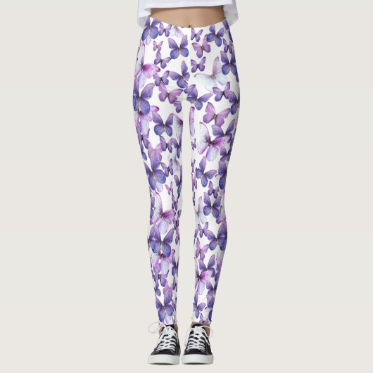 Girly Purple Butterflies Whimsical Patterned レギンス (正面)