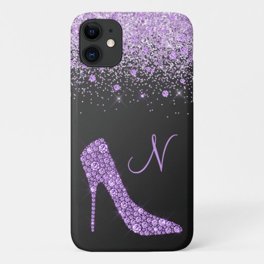 Girly Purple Glitter Shoe Script Monogram Black Case-Mate iPhoneケース (裏面)
