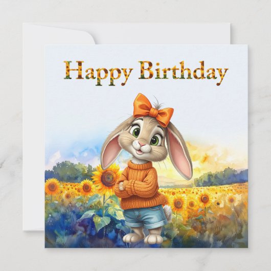 Girly rabbit sunflower field Happy Birthday (正面)