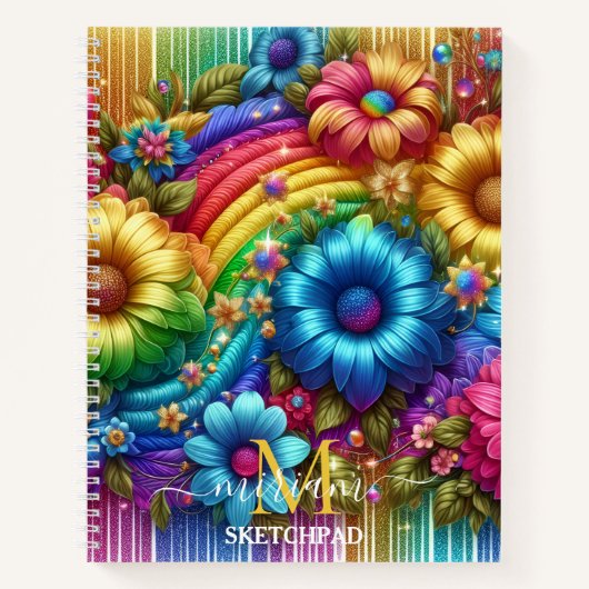 Girly Rainbow Floral Flower Monogram ノートブック (正面)