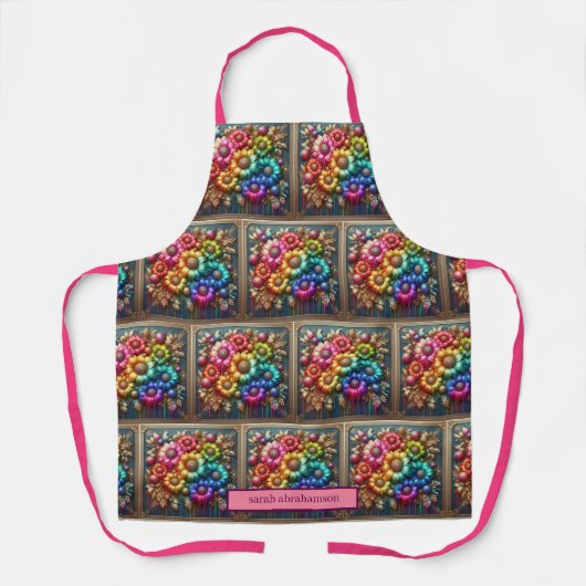 Girly Rainbow Flowers and Glitter Drips Apron エプロン (正面)