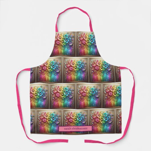 Girly Rainbow Flowers and Glitter Drips Apron エプロン (正面)