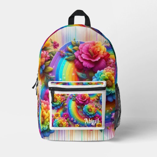 Girly Rainbow Flowers with Glitter Drips Backpack プリントバックパック (正面)