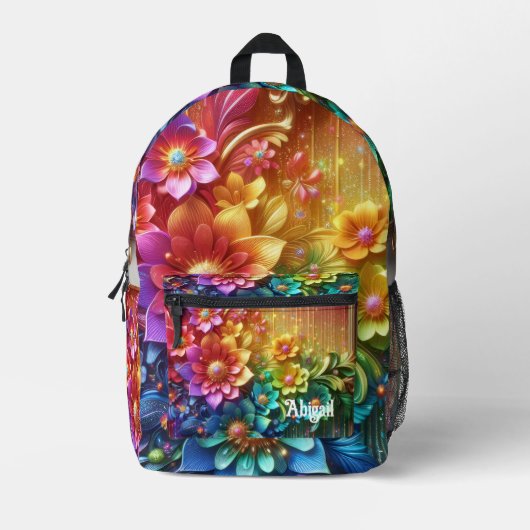 Girly Rainbow Flowers with Glitter Drips Backpack プリントバックパック (正面)