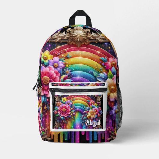 Girly Rainbow Flowers with Glitter Drips Backpack プリントバックパック (正面)