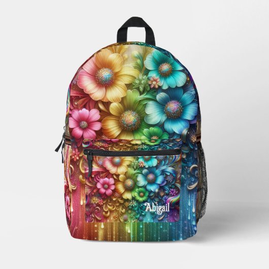 Girly Rainbow Flowers with Glitter Drips Backpack プリントバックパック (正面)