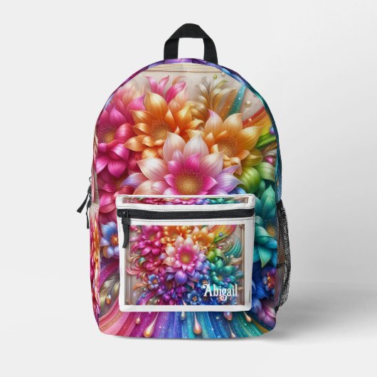 Girly Rainbow Flowers with Glitter Drips Backpack プリントバックパック (正面)