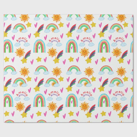 Girly Rainbow Sun Star Name Pattern for Kids ラッピングペーパー (フラット)