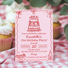 Girly Red and Pink Bow Cake Birthday Invitation 招待状