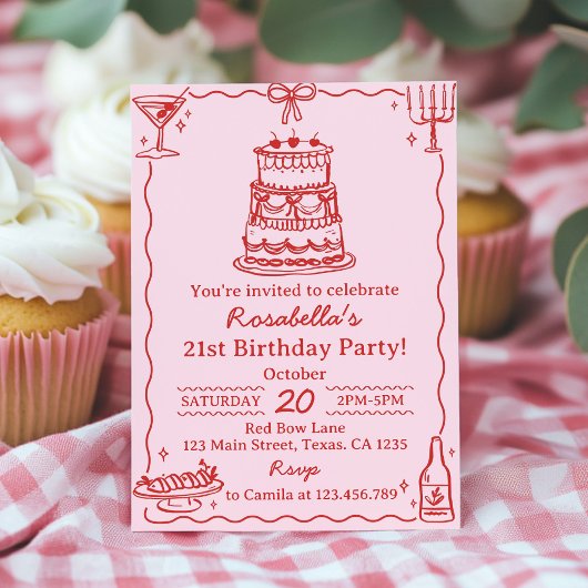 Girly Red and Pink Bow Cake Birthday Invitation 招待状