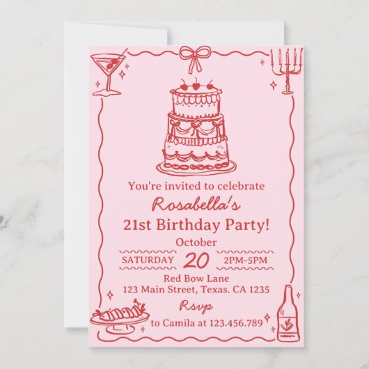 Girly Red and Pink Bow Cake Birthday Invitation 招待状 (正面)
