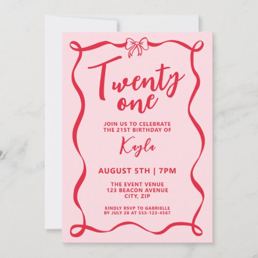 Girly Red Bow Coquette Twenty One 21st Birthday 招待状 (正面)