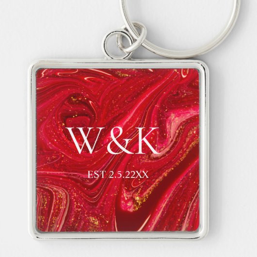 Girly Red Glitter monogram Initial Wedding Couple  キーホルダー (正面)