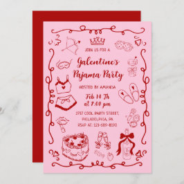 Girly Red Pink Hand Drawn Galentine's Pajama Party 招待状