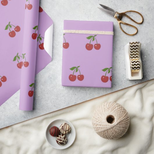 Girly Retro Pastel Purple Red Cherry Fruit Pattern ラッピングペーパー (クラフト)