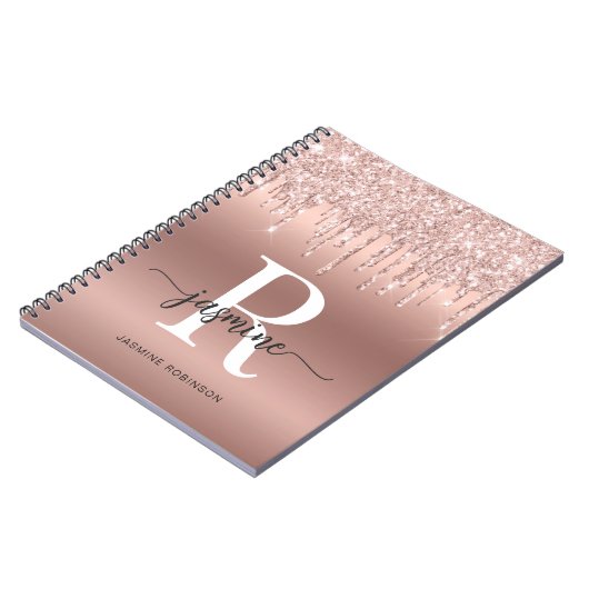 Girly Rose Gold Glitter Drips Monogram Name Script ノートブック (左側)