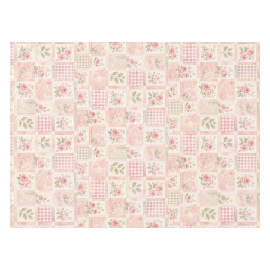 Girly Rustic Pink Quilt Floral Patchwork Pattern テーブルクロス (正面(横))