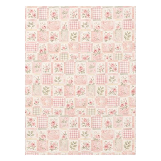 Girly Rustic Pink Quilt Floral Patchwork Pattern テーブルクロス (正面)
